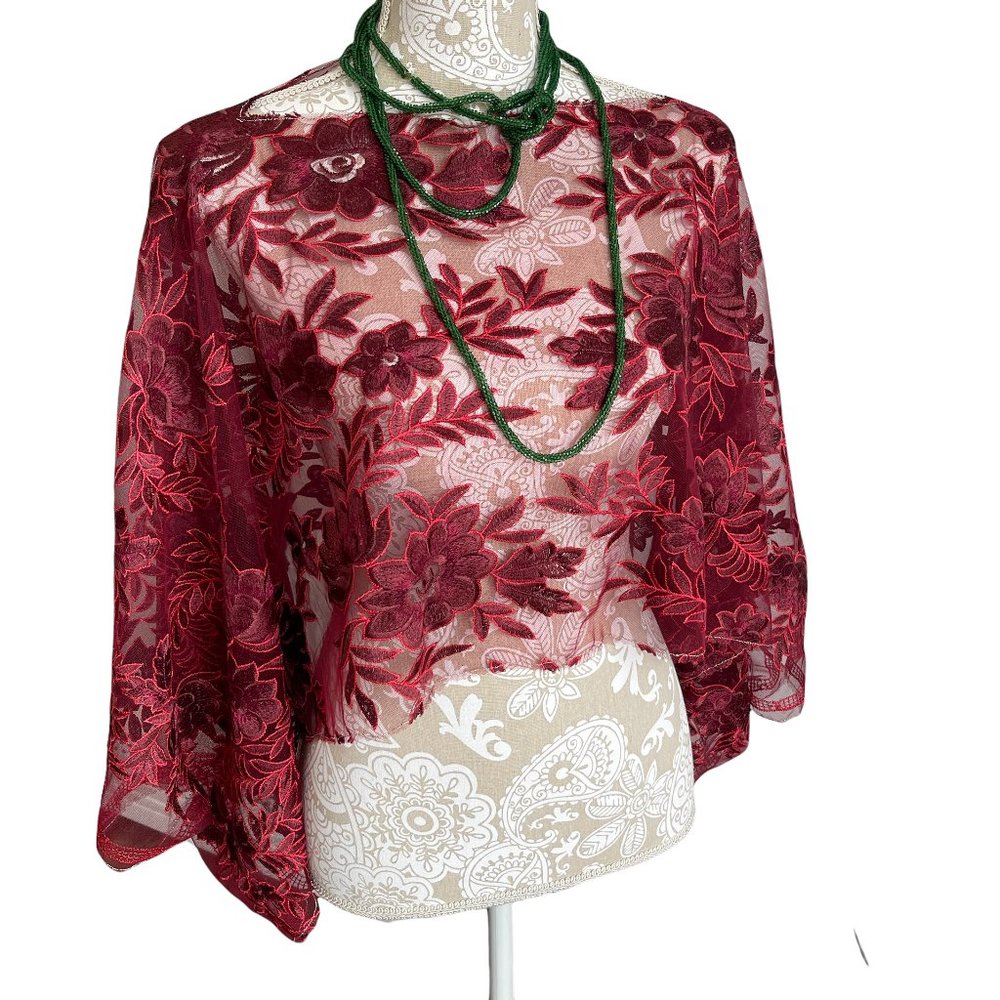 Red Women’s cropped shoulder lace shawl.